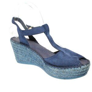 Toni Pons Womens Sz 9M Blue Leather Ankle Strap High Wedge Espadrilles Heels